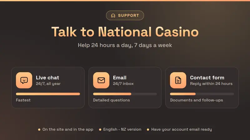 National Casino support channels: 24/7 live chat, email and contact form